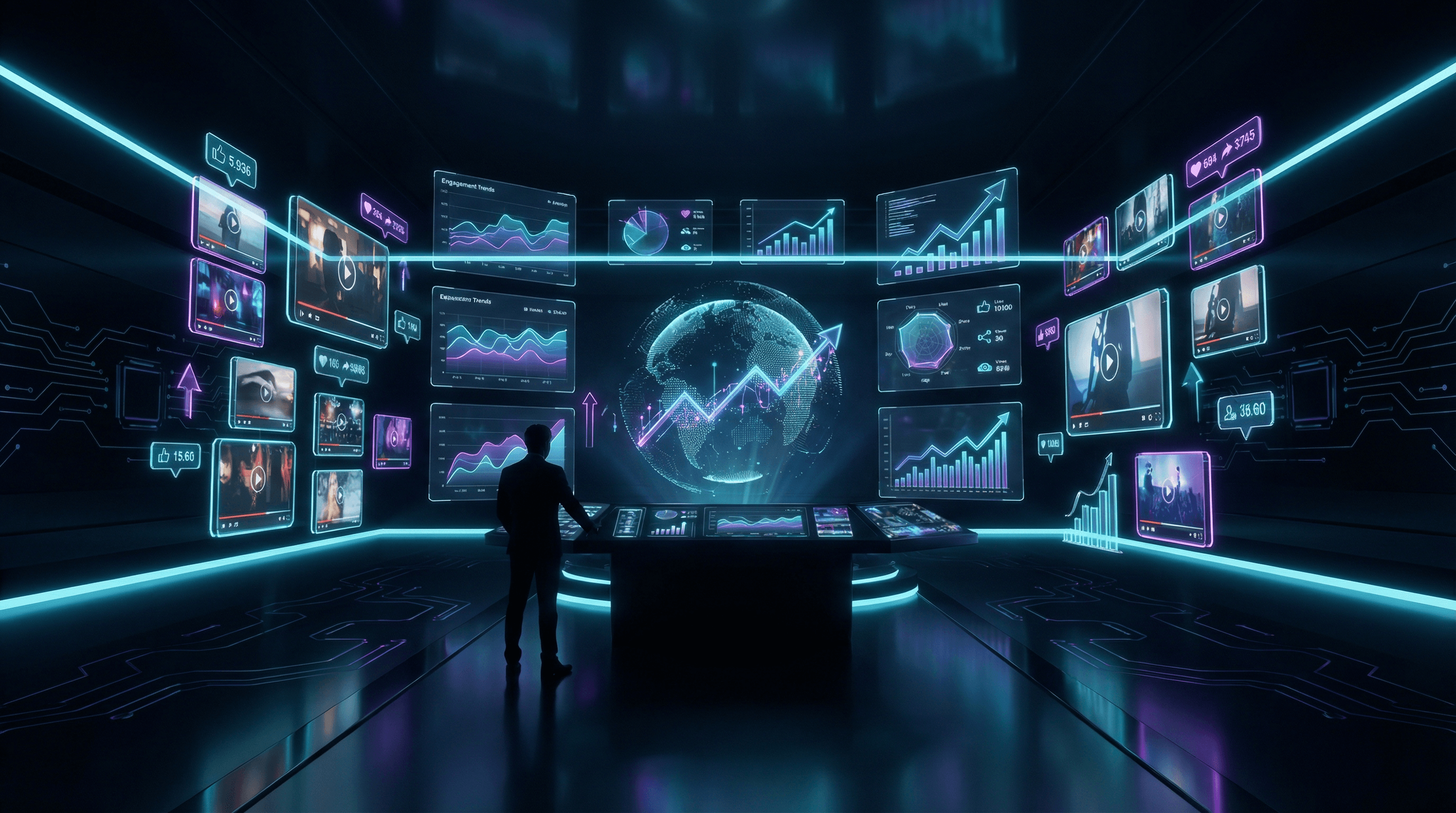 ViewPump AI-powered command center - holographic screens showing viral content analytics, trending video clips, and engagement metrics in a futuristic dark interface with neon cyan and purple accents